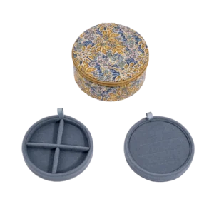 Boite à bijoux ronde en liberty bleu/marron